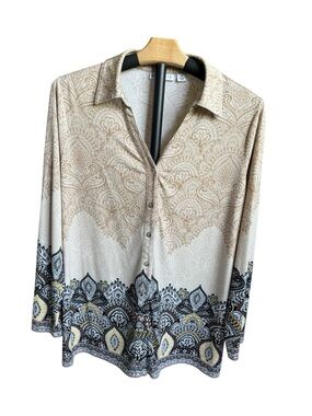 Susan Graver Beige Paisley Border-Print Button Front Top